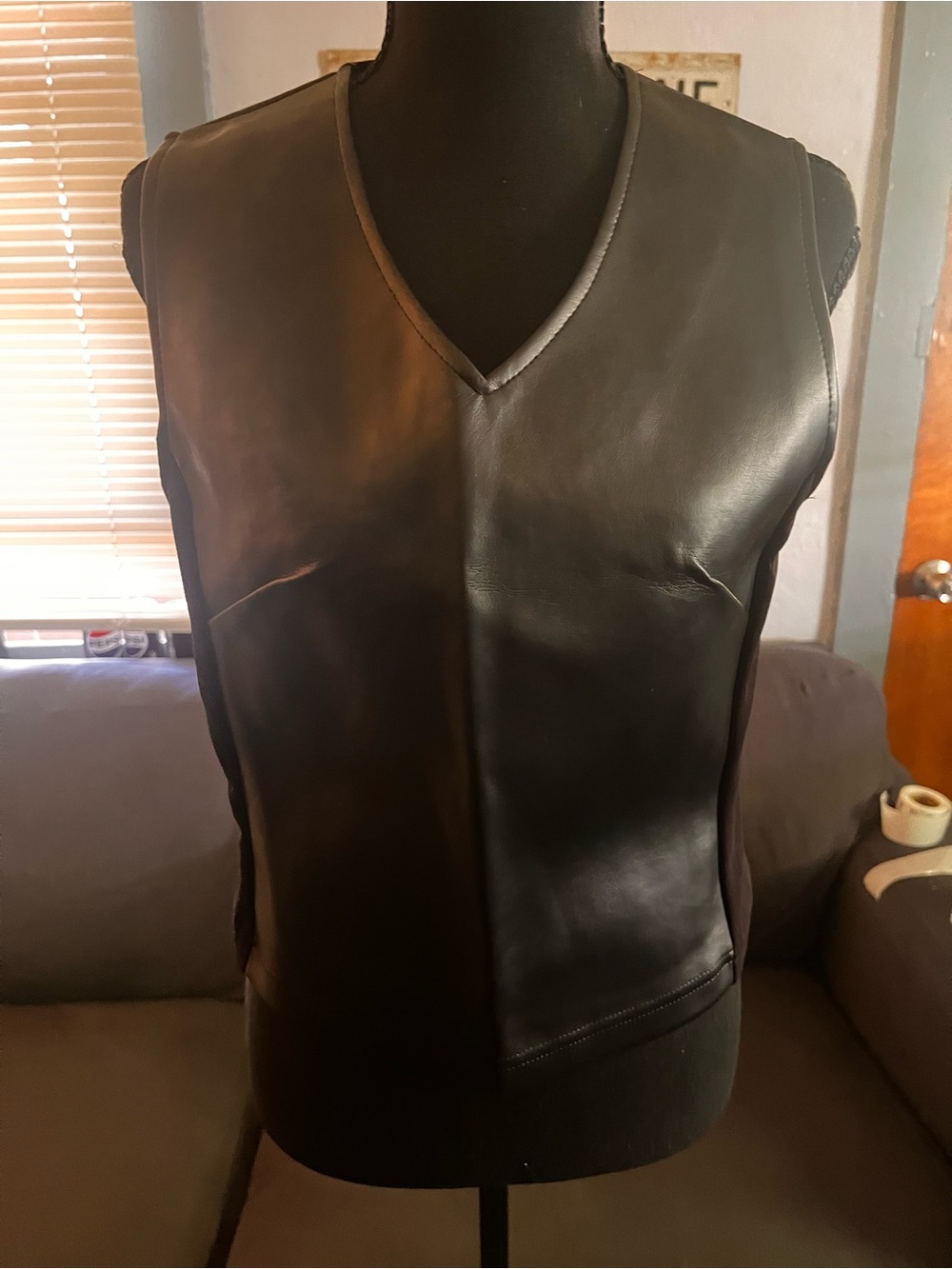 Vintage Black Leather V-Neck Sleeveless Top